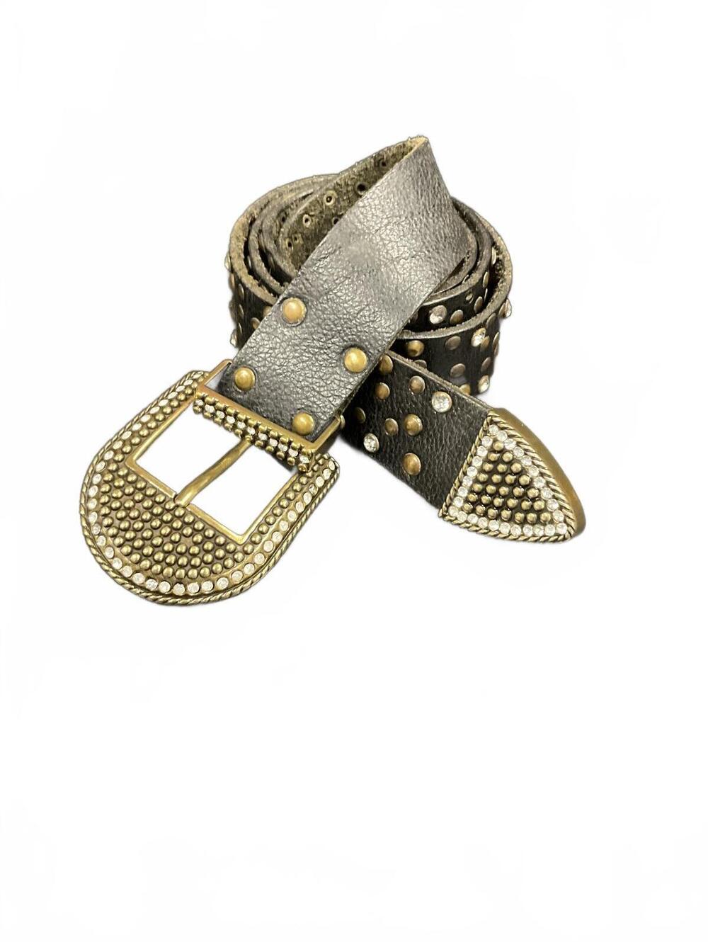 Vintage Black Leather Mixed-Stud Embellished Belt